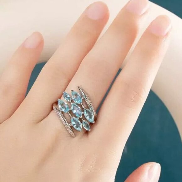 💍Silver Multiple Unique Marquis Gems Bright Light Blue💎 Ring, INDN8564 - Picture 2 of 10